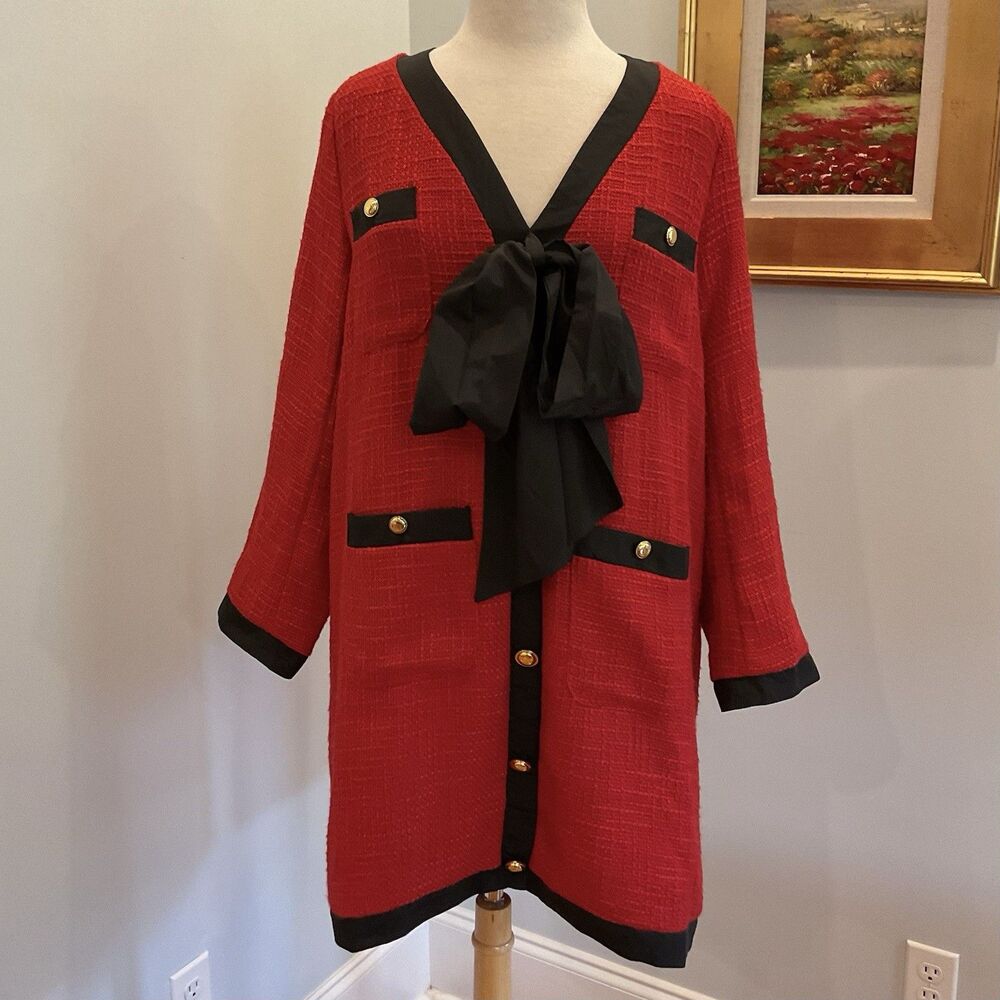 NEW TUCKERNUCK Pomander Place Red Coco Tweed‎ Bow Dress Large Preppy Southern - Picture 2 of 8